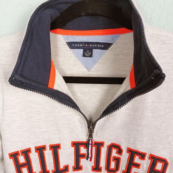 TOMMY HILFIGER Boys Gray M (12-14) Pullover Sweater 1/4 Zip Mock Collar USA Flag - Picture 7 of 10